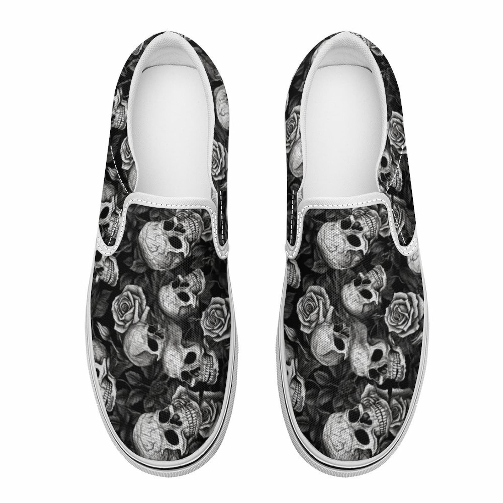 Goth Style Canvas Shoes Skull Rose Print Top View.