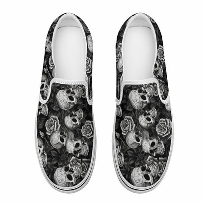 Goth Style Canvas Shoes Skull Rose Print Top View.