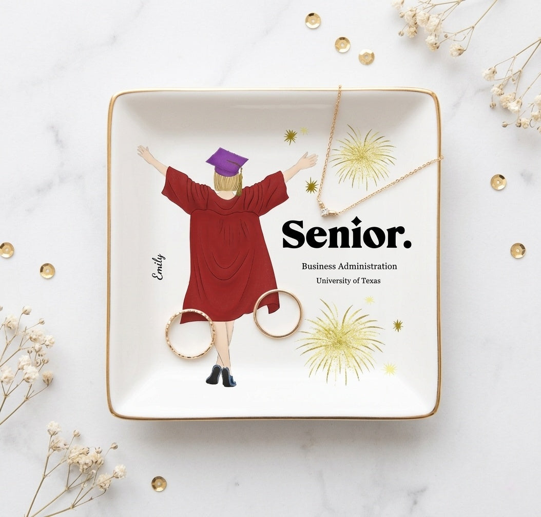 Graduate holding a custom personalized jewelry dish