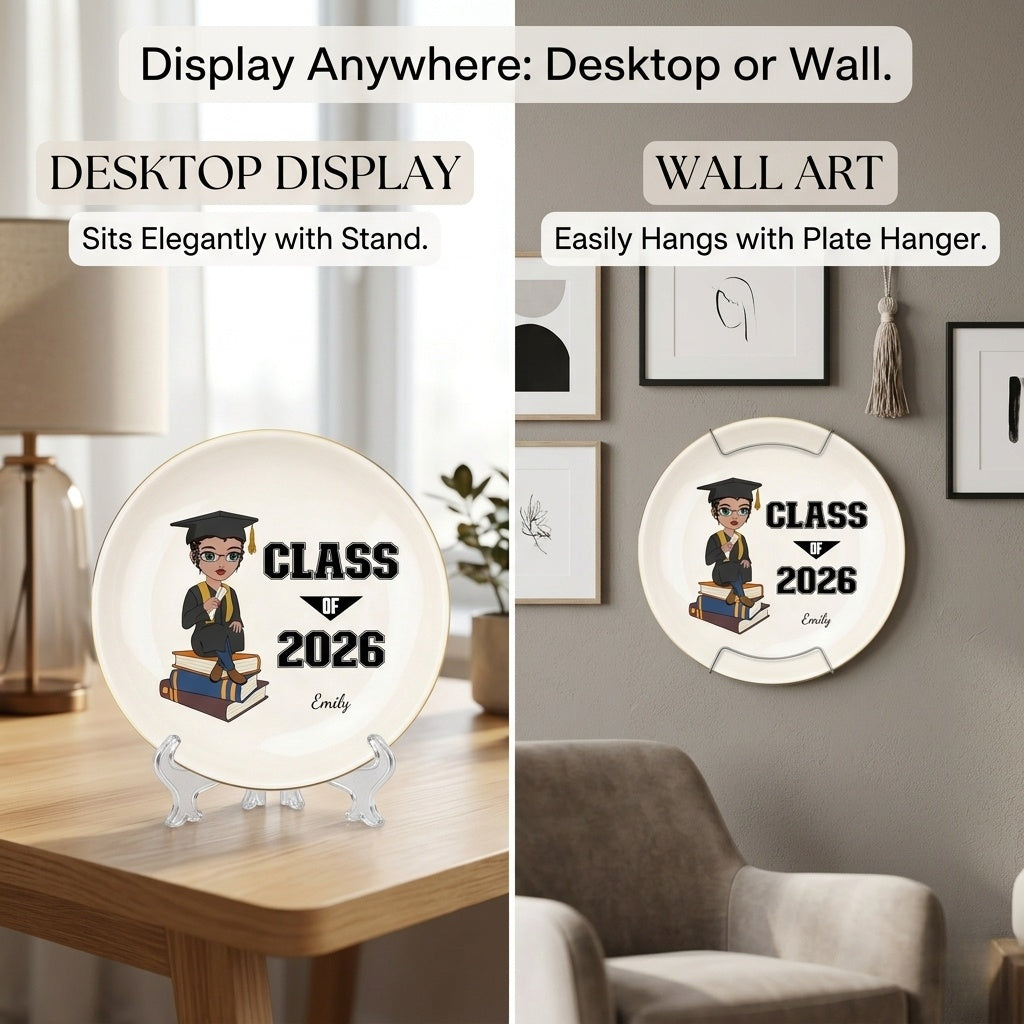 Graduation plate for desktop display or wall art decor.