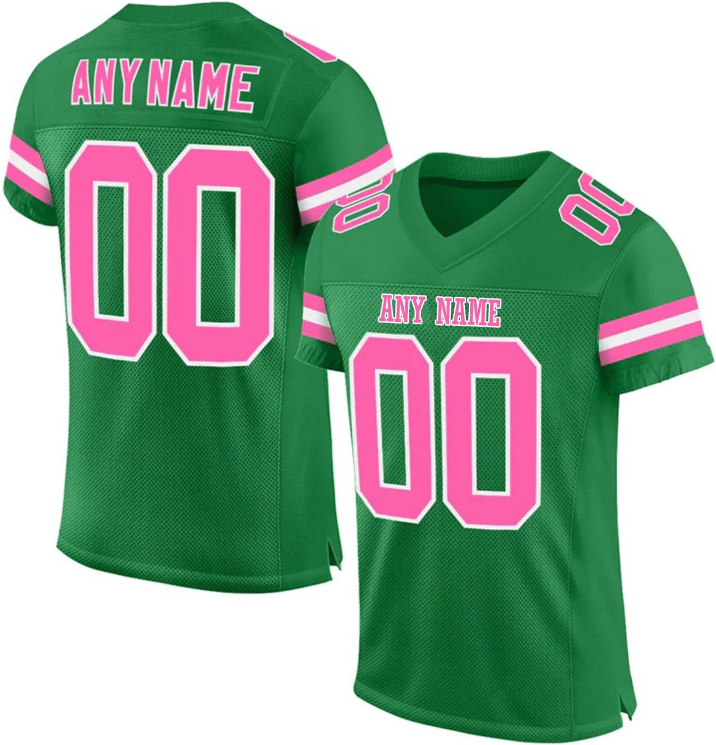 Women's Personalized Football Green Pink Jersey fit showing breathable, sports uniform fabric.