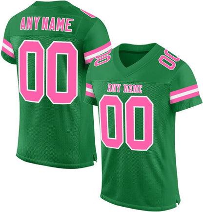 Women's Personalized Football Green Pink Jersey fit showing breathable, sports uniform fabric.