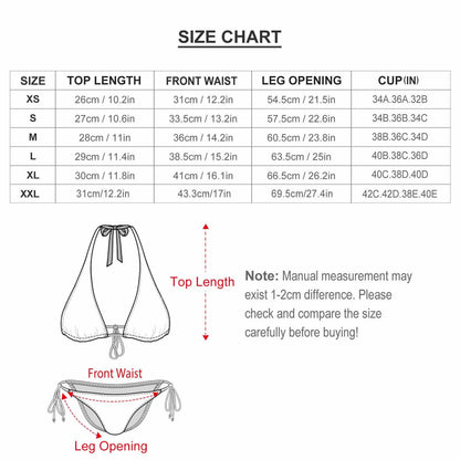 Halter Bikini Set Size Chart. Measurements for top length, front waist, and leg opening for a perfect fit.