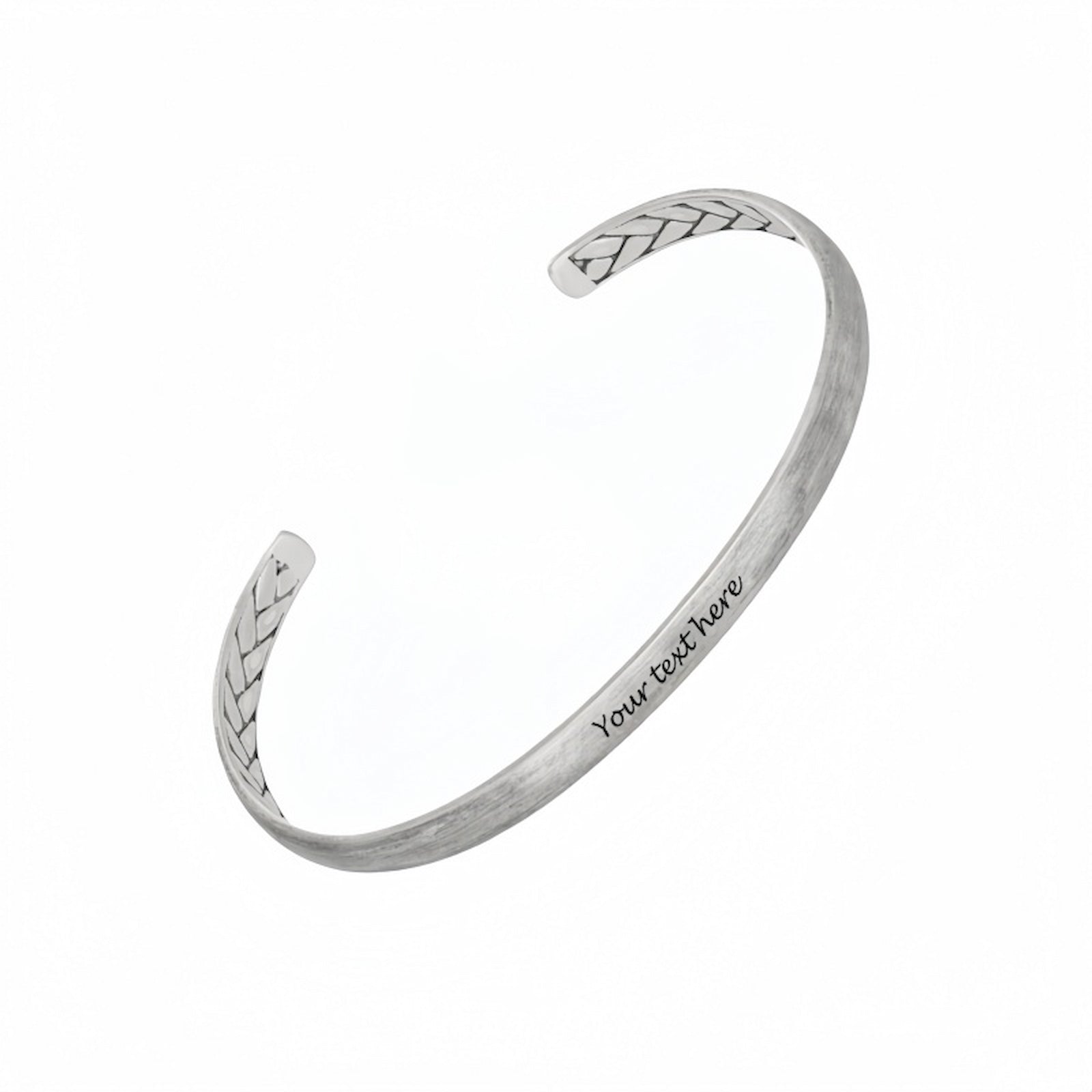 Handmade engraved 925 sterling silver cuff bracelet with braided ends for men.