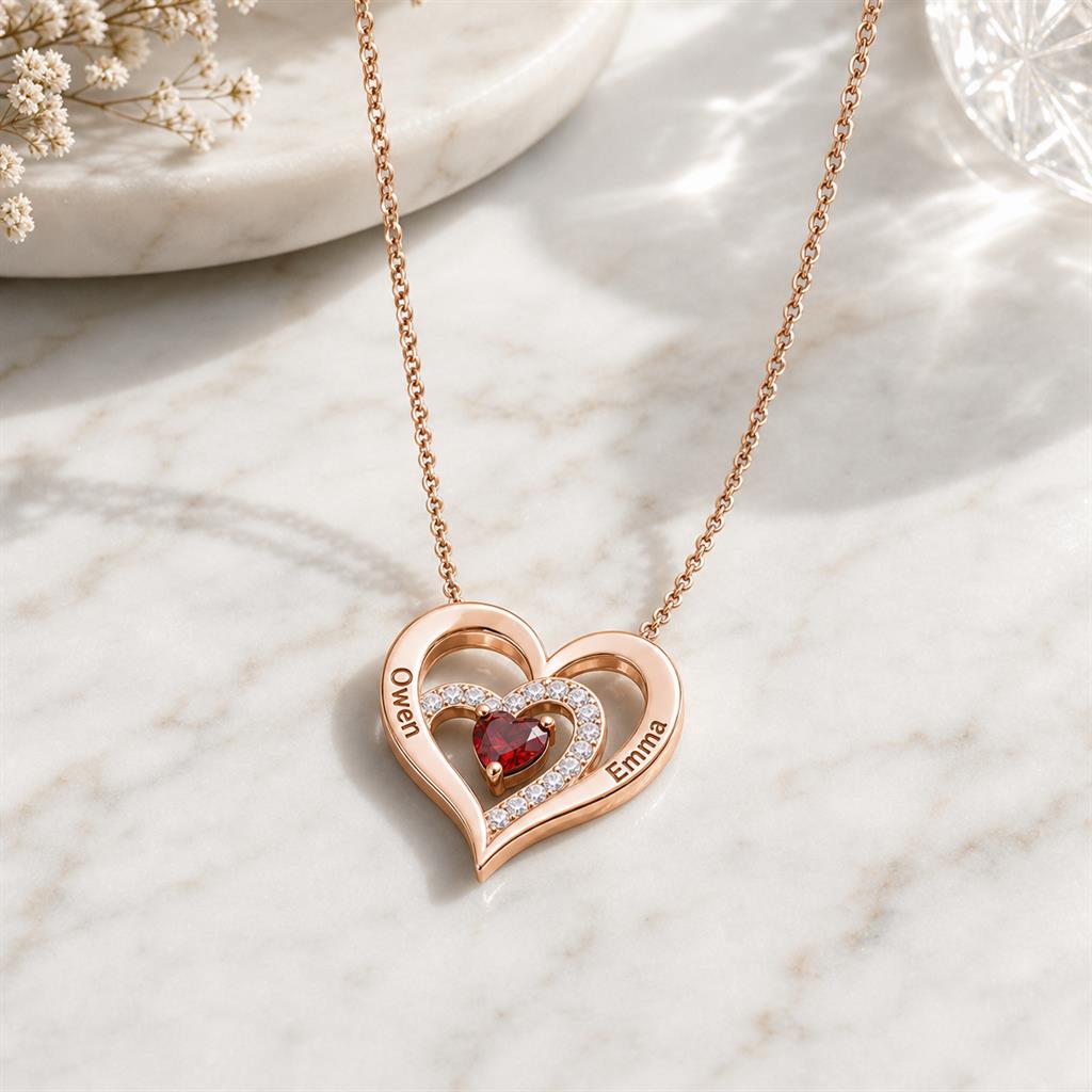 Heart birthstone necklace on marble