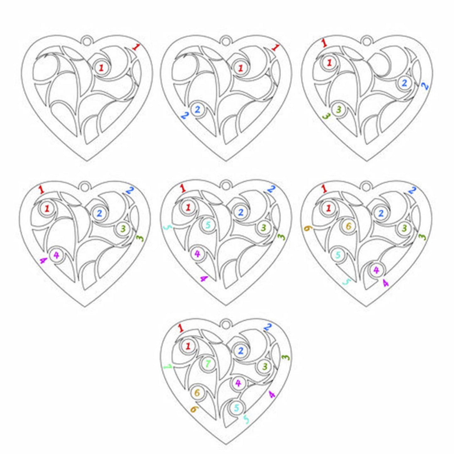 Heart family tree necklace customization options for 1-7 names and birthstone placement.