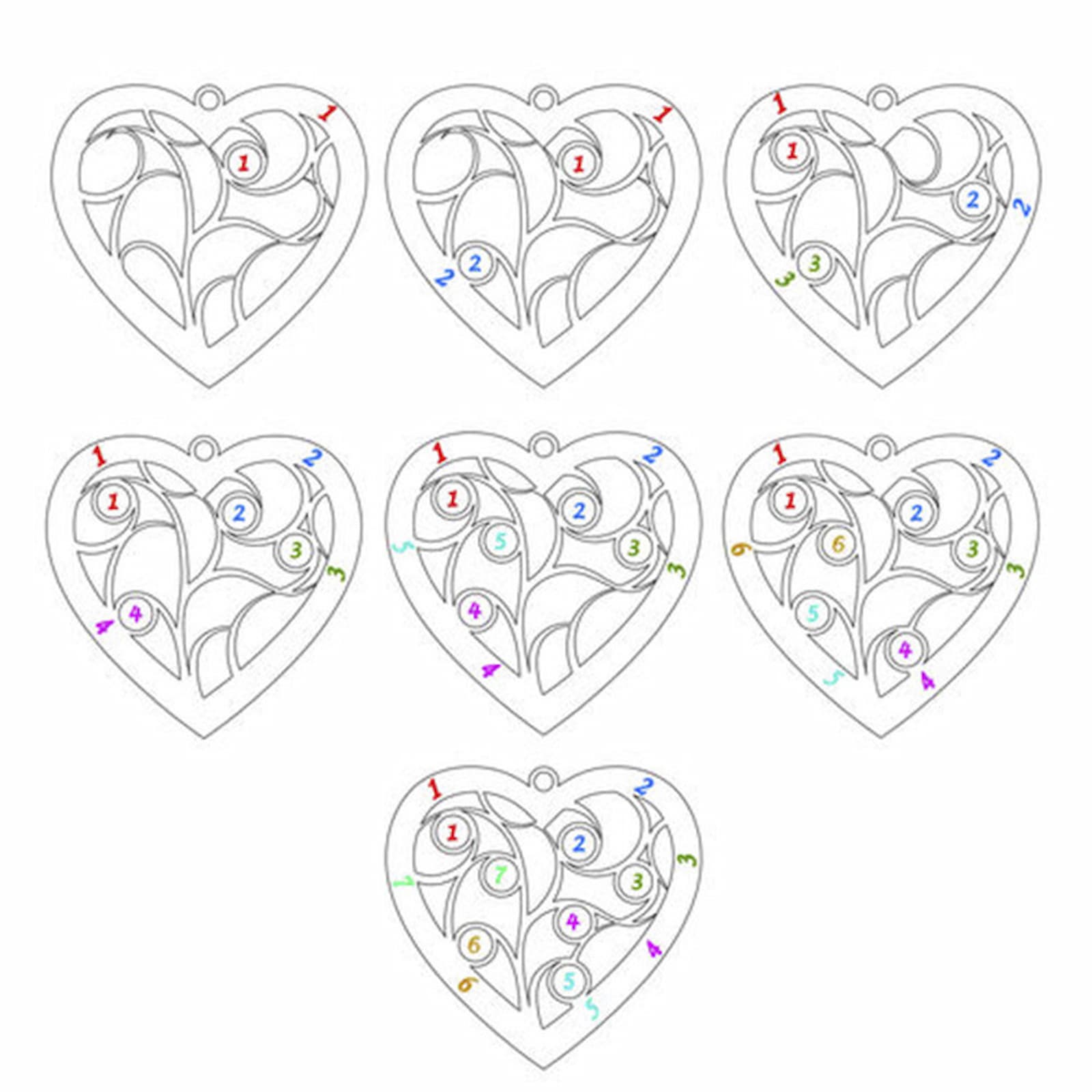 Heart family tree necklace customization options for 1-7 names and birthstone placement.