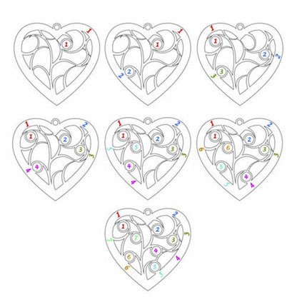 Heart family tree necklace customization options for 1-7 names and birthstone placement.