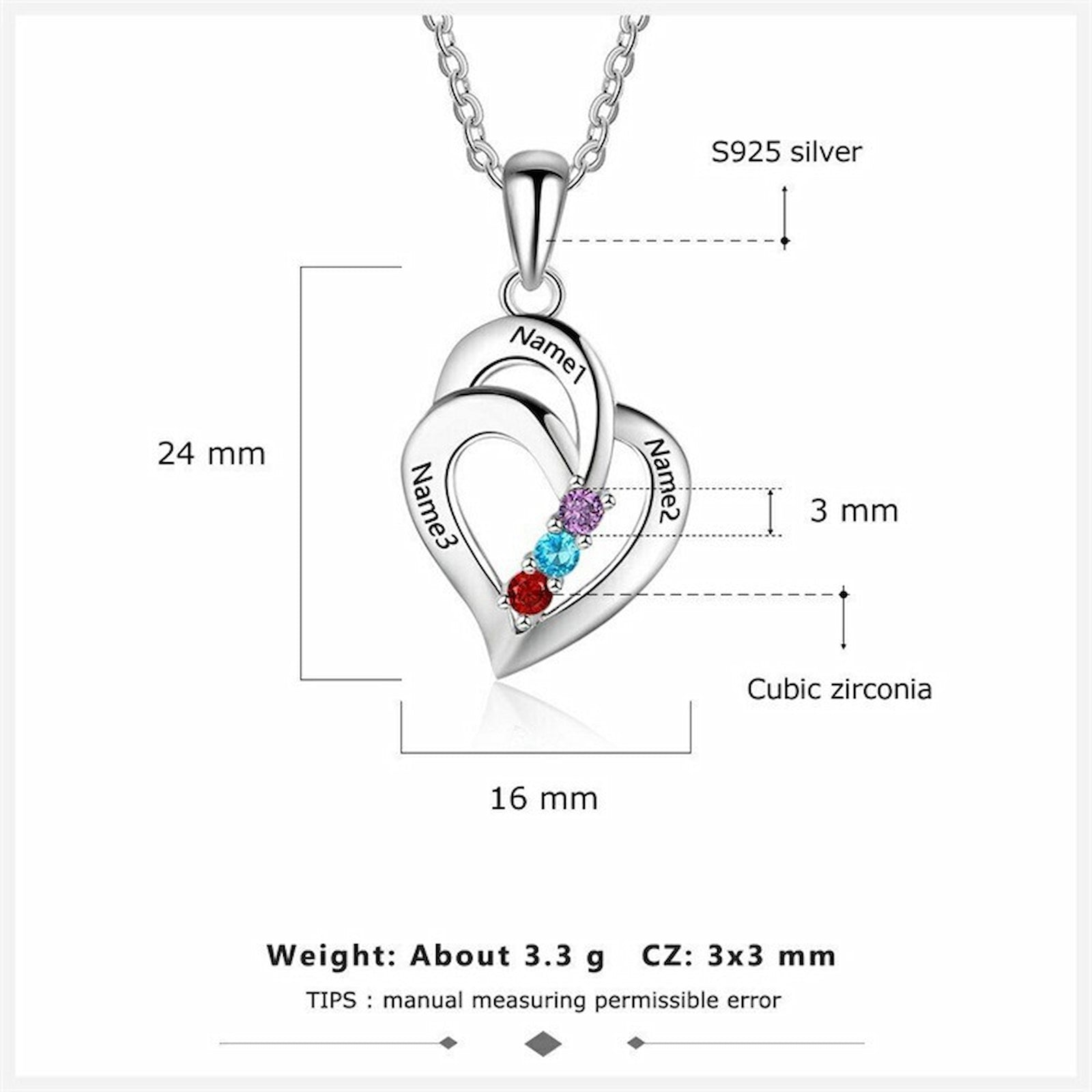 S925 silver heart charm size and dimensions chart; 24mm x 16mm.