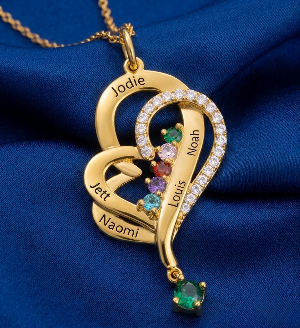 Gold name necklace resting on elegant blue silk fabric