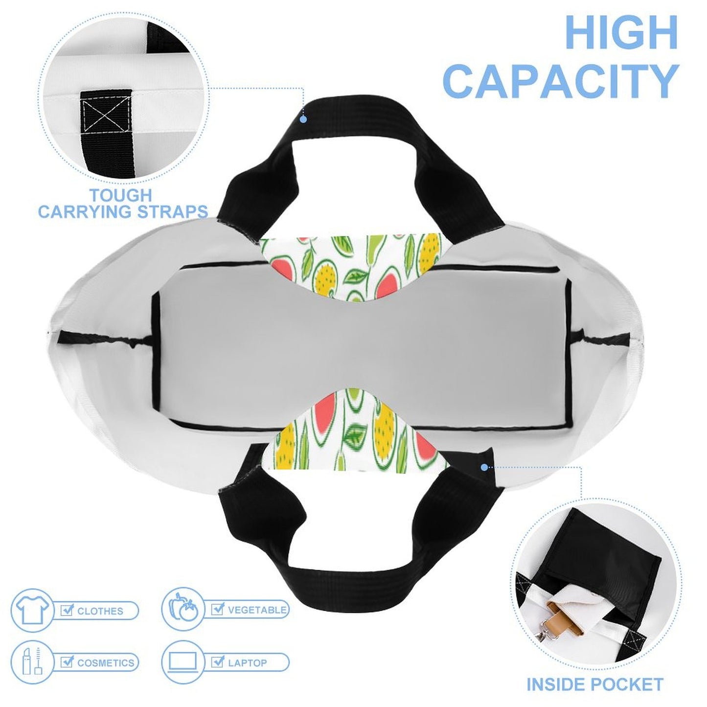 High capacity reusable grocery tote bag interior showing laptop, clothes, vegetable space.