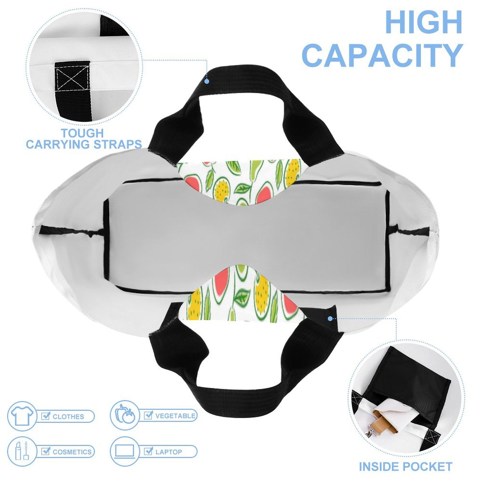 High capacity reusable grocery tote bag interior showing laptop, clothes, vegetable space.