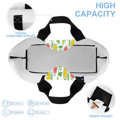High capacity reusable grocery tote bag interior showing laptop, clothes, vegetable space.