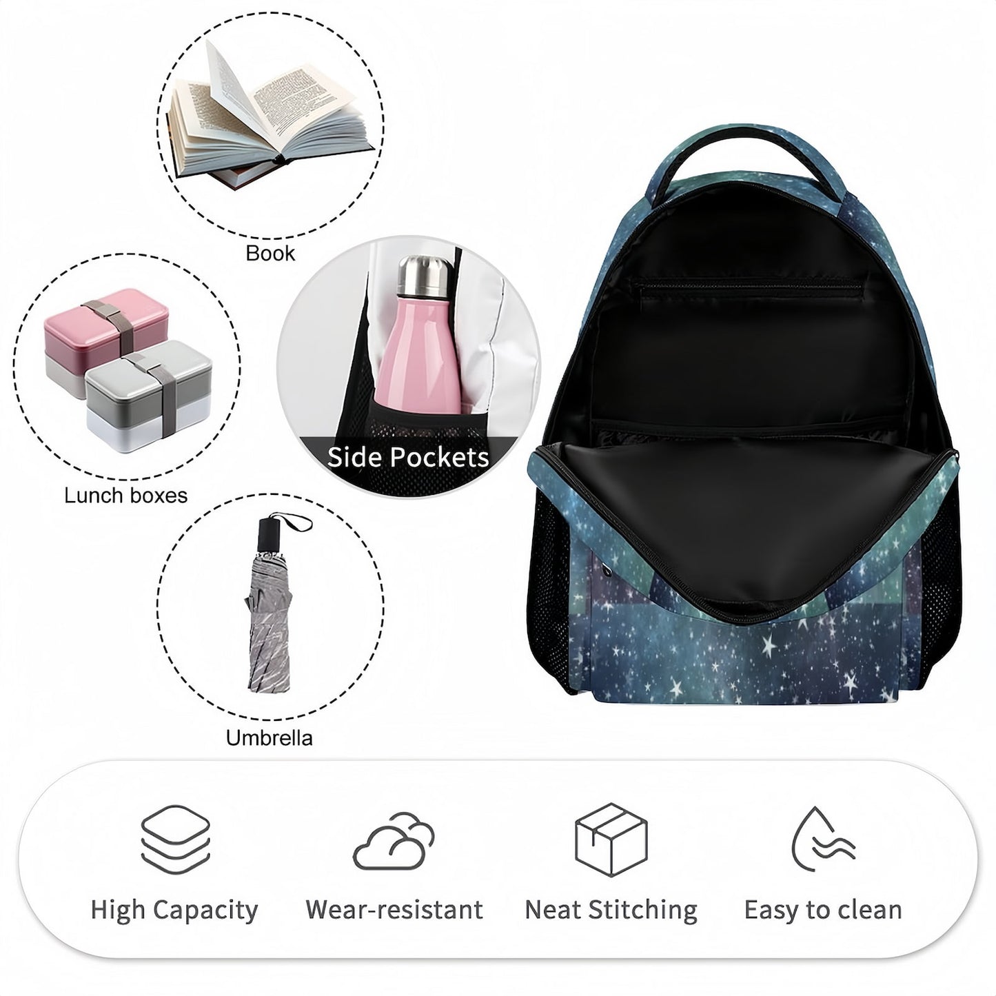 High capacity Star Backpack storage for books, lunch boxes, and umbrella.