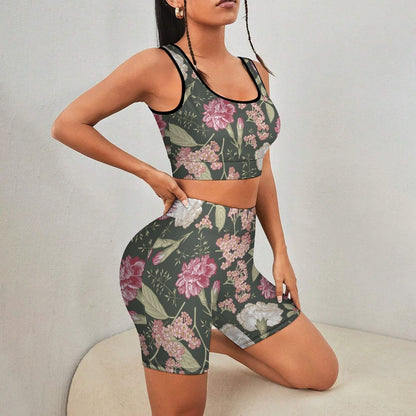 High waisted biker shorts and sports bra set side view, showing gym fitness fit.