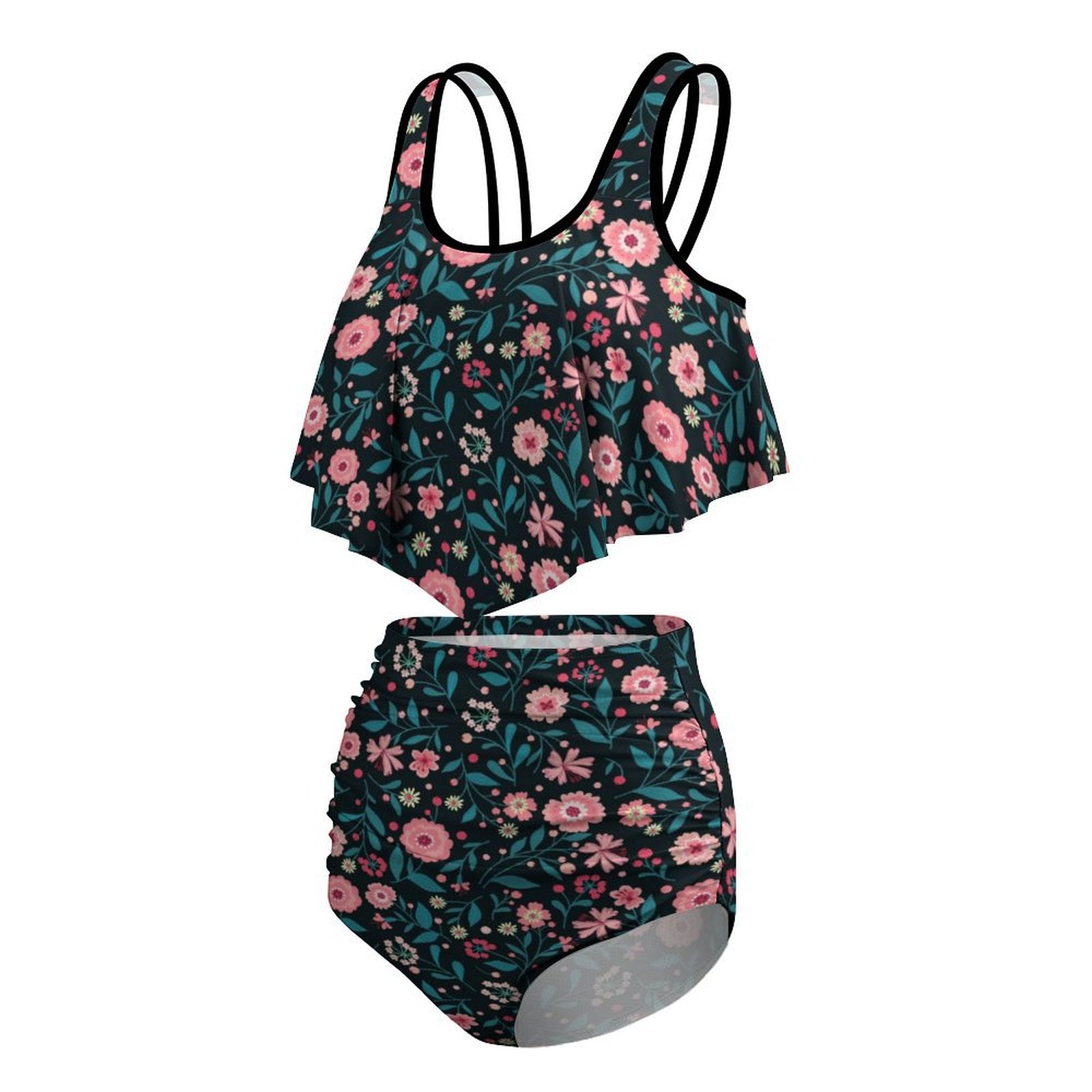 Flounce bikinis tops with ruched high waisted bottom swimwear, flat lay.
