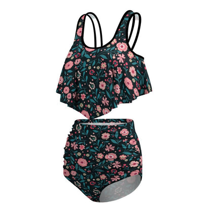 Flounce bikinis tops with ruched high waisted bottom swimwear, flat lay.