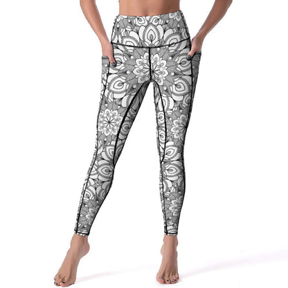 High Waisted Tummy Control Leggings for Women. Mandala Printed Pants with Two Pockets.