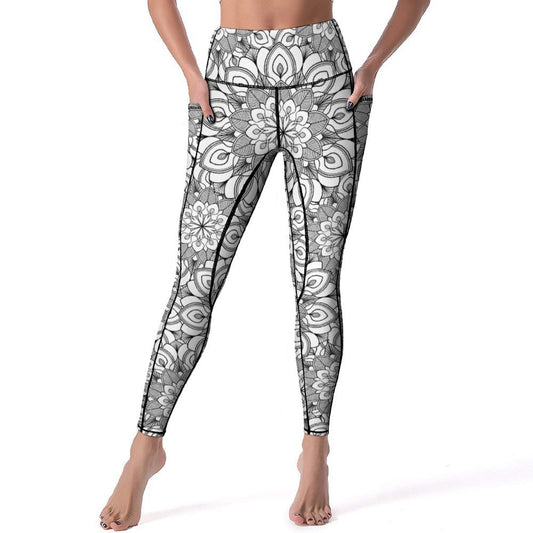 High Waisted Tummy Control Leggings for Women. Mandala Printed Pants with Two Pockets.