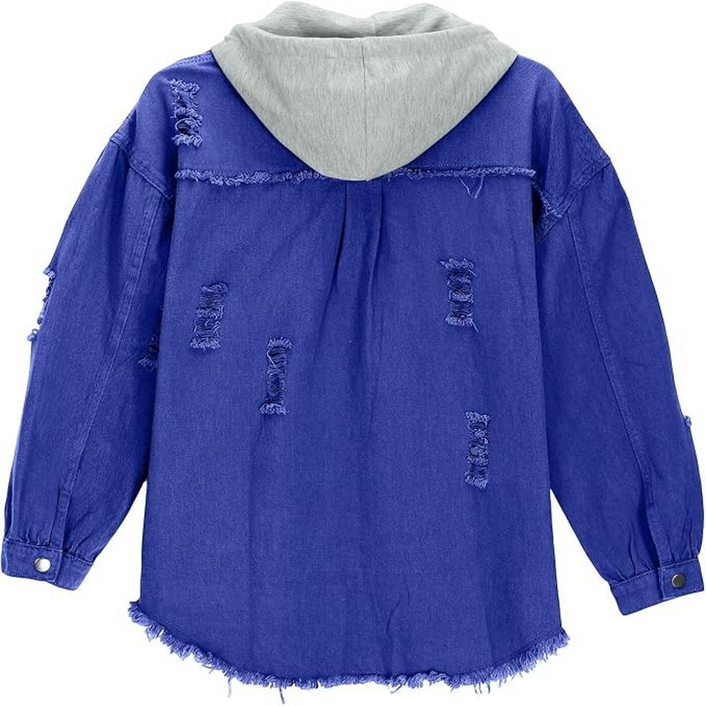 Blue distressed hooded denim jacket for women back view