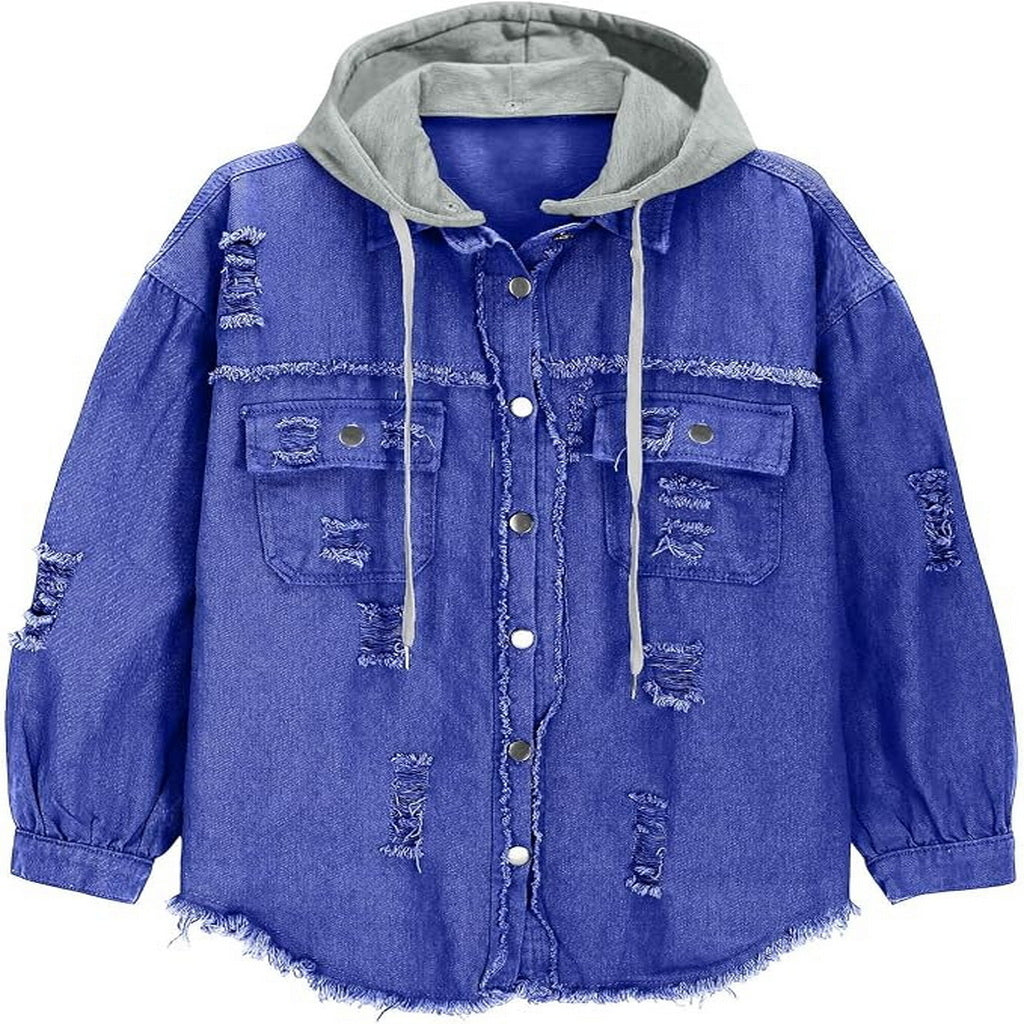 Women's personalized hooded distressed denim jacket front product view