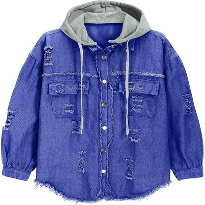 Women's personalized hooded distressed denim jacket front product view