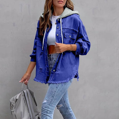Personalized Initial Birth Flower Hooded Denim Jacket for Women