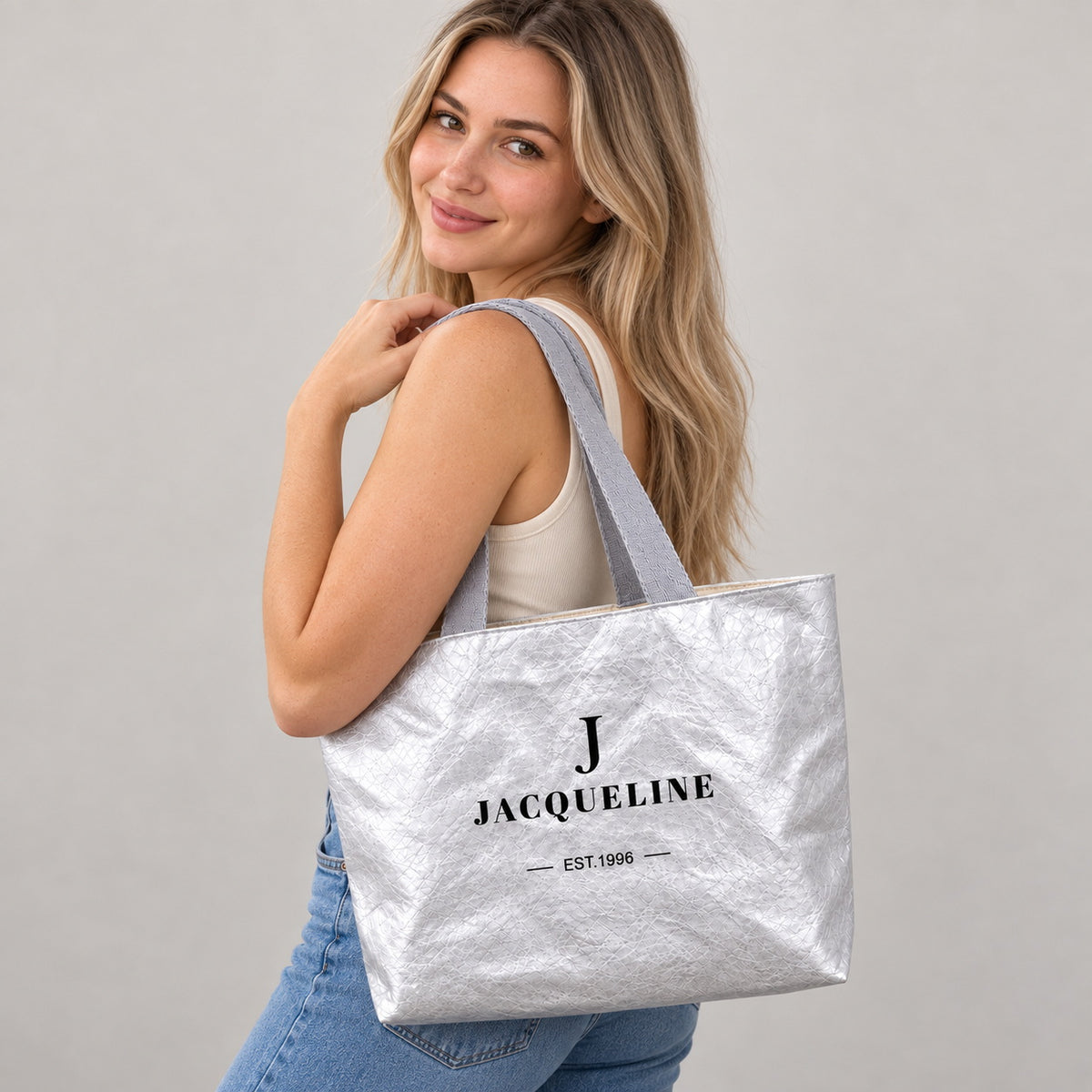Personalized Classic Tote Bag with Initial Name and Year - gift and everyday carry scene
