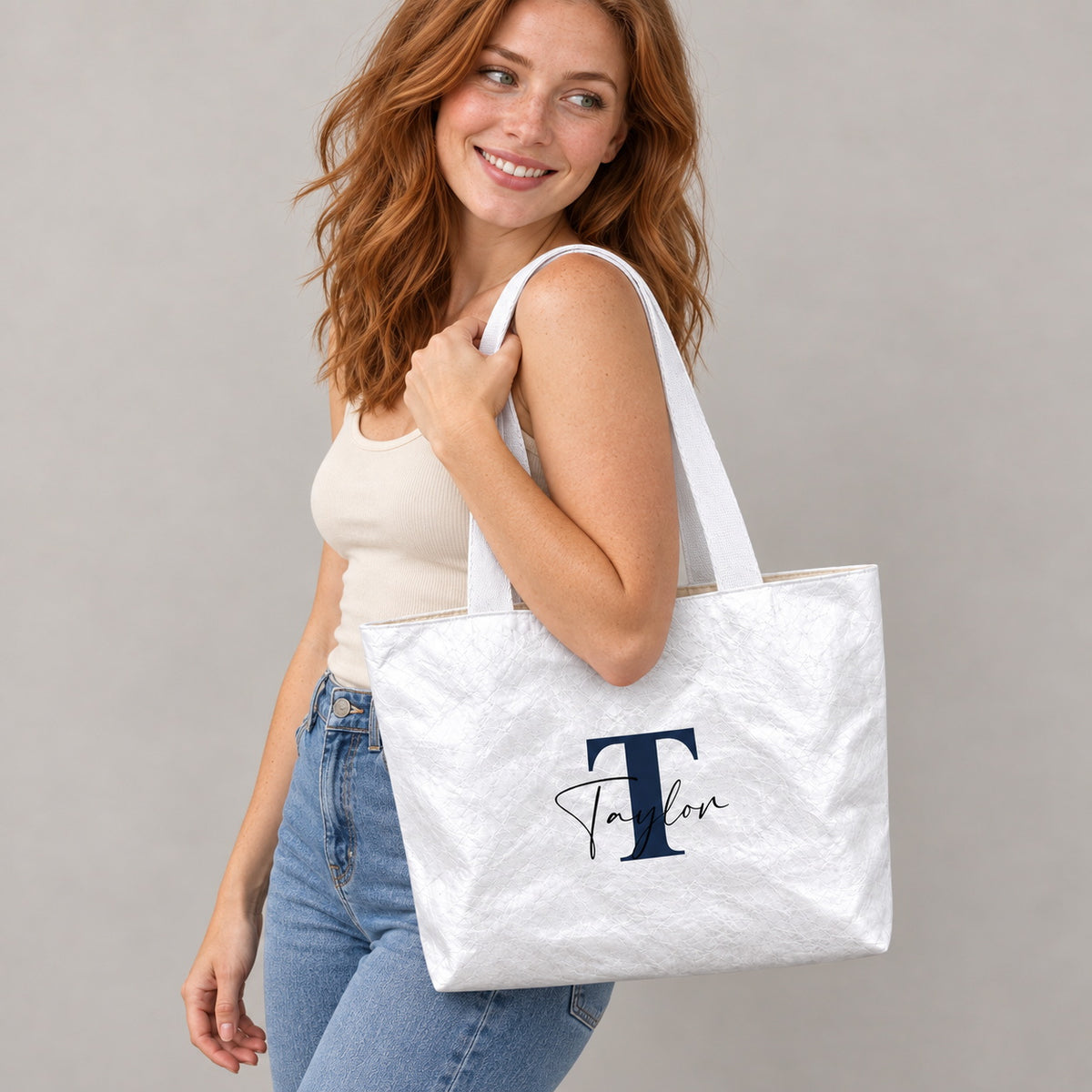 Personalized Initial Tote Bag with Script Name - gift and everyday carry scene