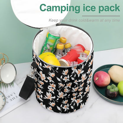 Insulated Barrel Cooler Bag opened, used as a camping ice pack for drinks and fruit storage.