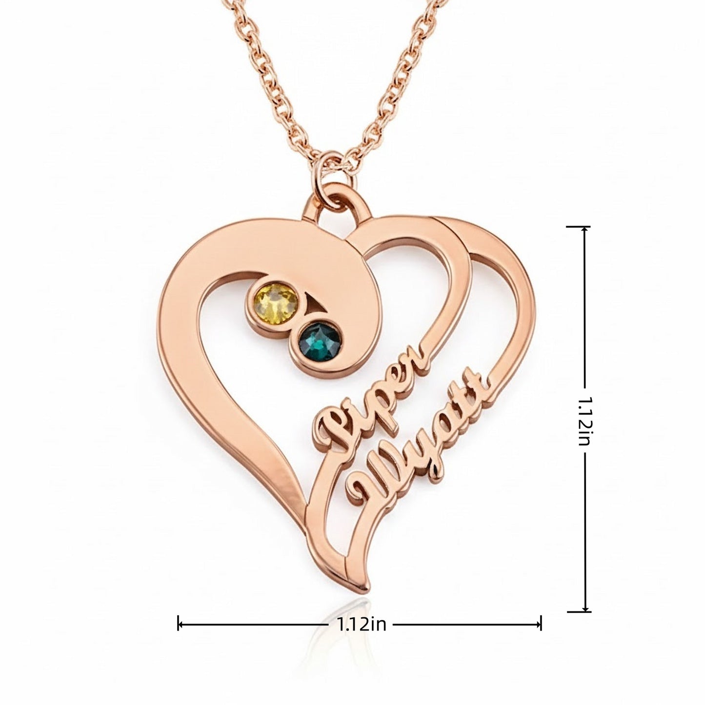 Full view of the personalized heart pendant (1.12inch size) suspended on a silver chain.