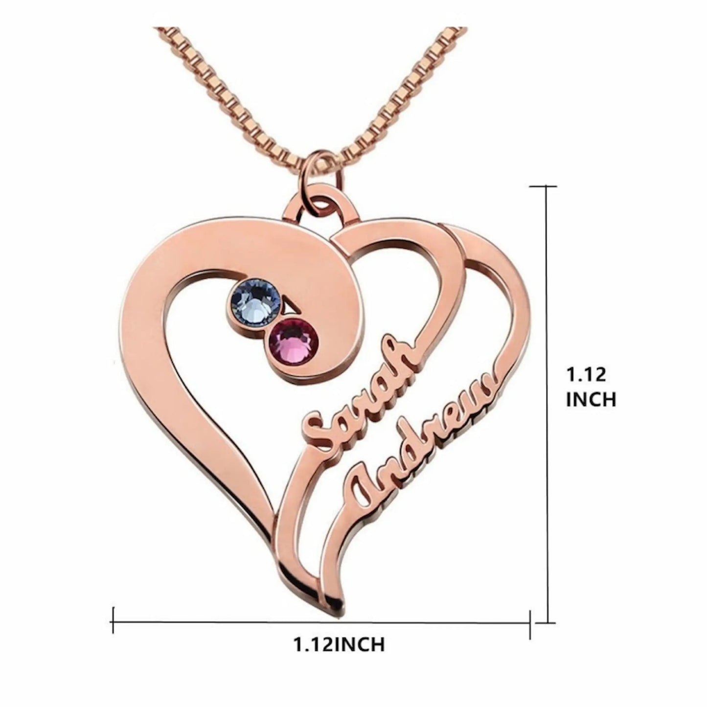 Full view of the personalized heart pendant (1.12inch size) suspended on a silver ball chain.