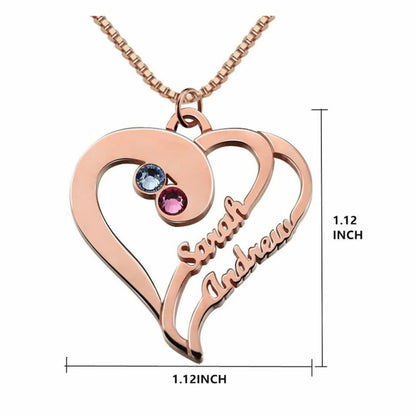 Full view of the personalized heart pendant (1.12inch size) suspended on a silver ball chain.