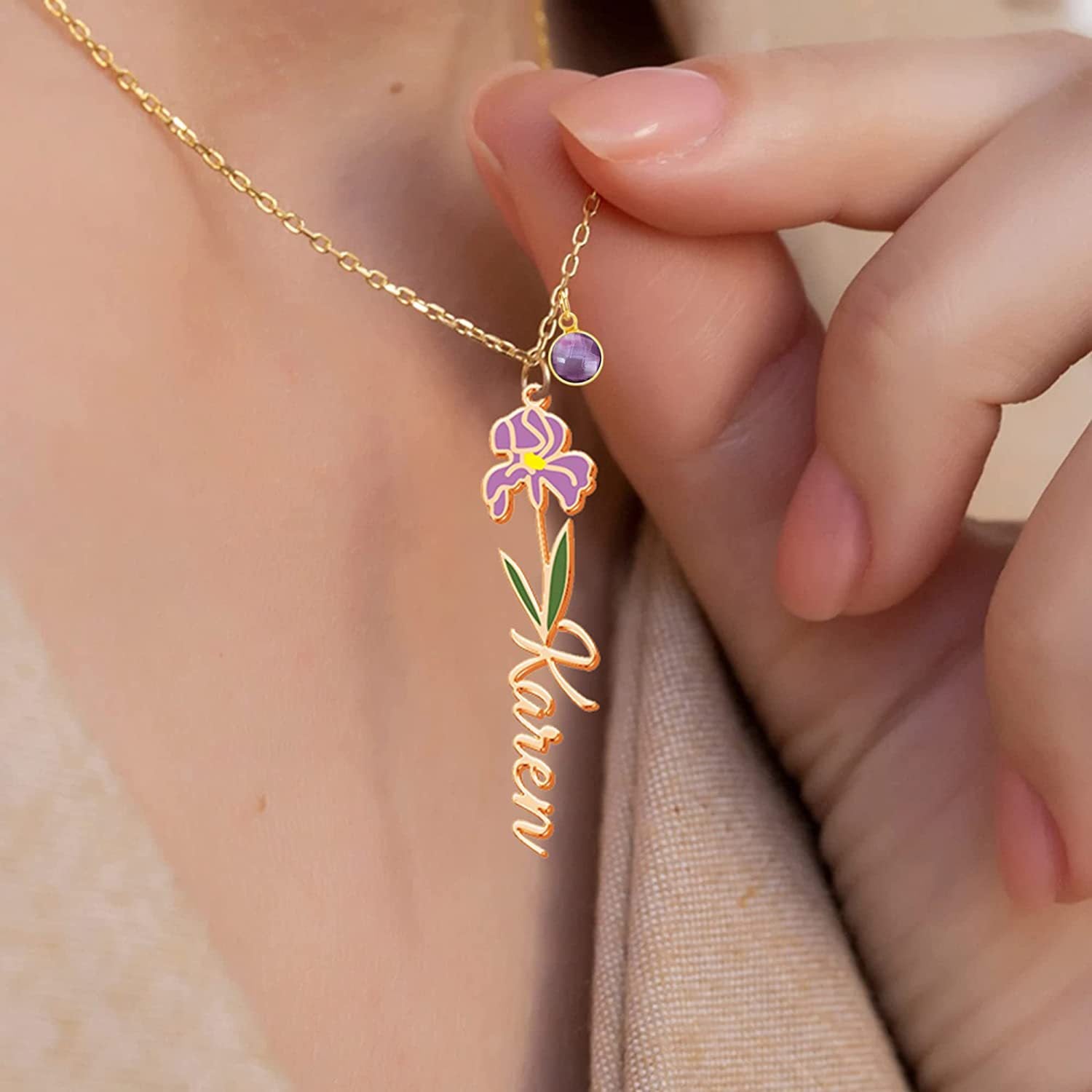 Gold iris birth flower necklace with purple birthstone and custom name Karen.