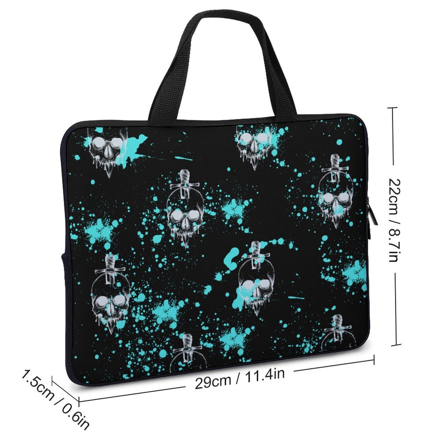 Laptop Sleeve size chart: 29cm/11.4in width, Water Resistant Fabric details.
