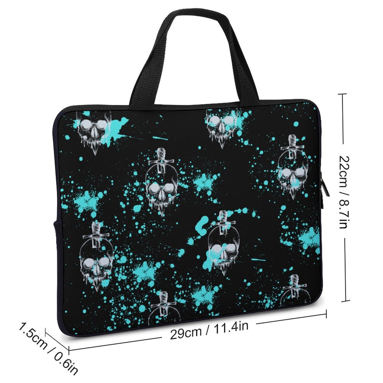 Laptop Sleeve size chart: 29cm/11.4in width, Water Resistant Fabric details.