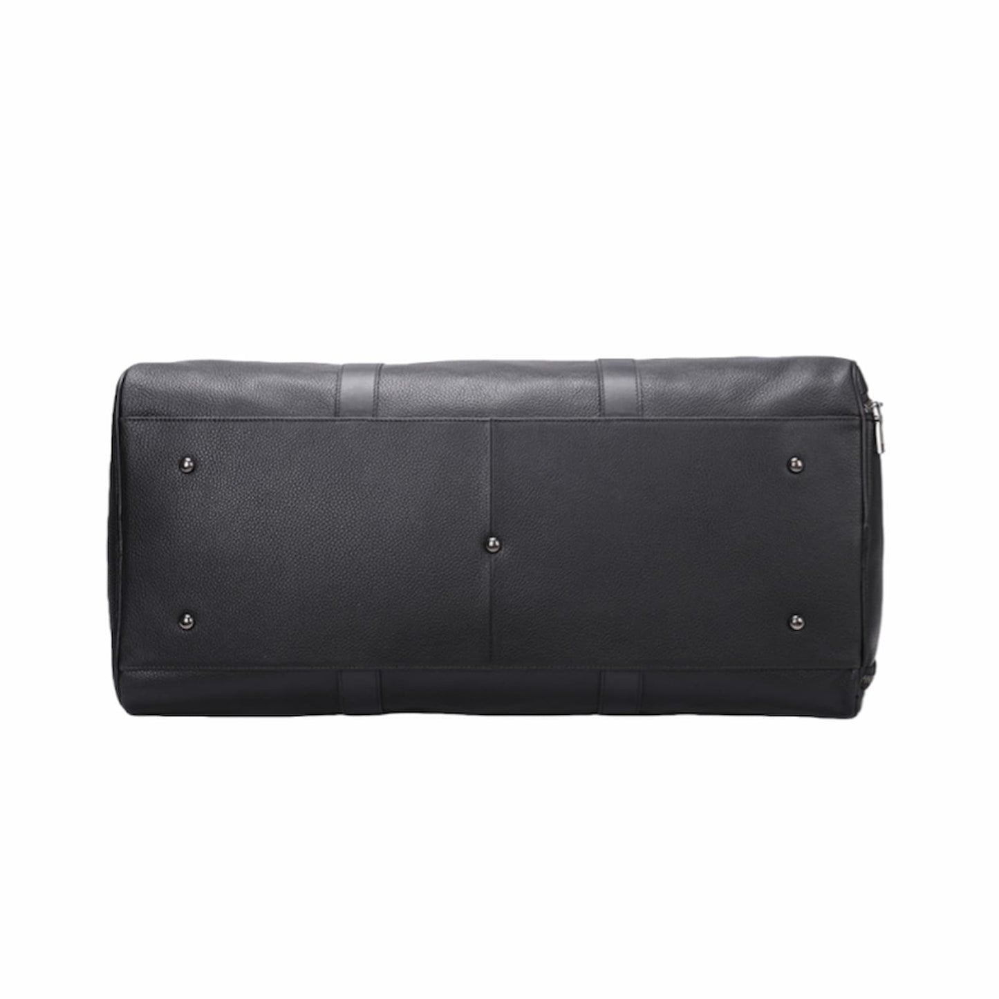 Bottom view of personalized black leather travel bag