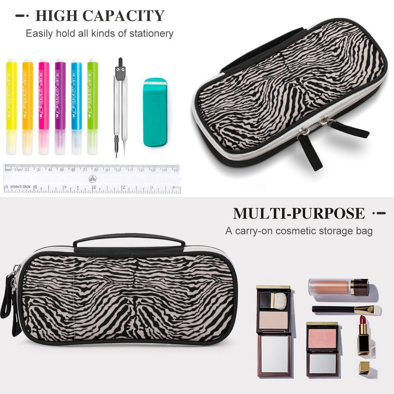 High capacity custom storage pouch for stationery and cosmetic travel bag.