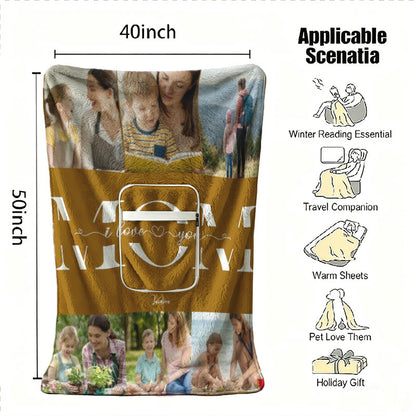 Dimensioned custom photo blanket with usage examples