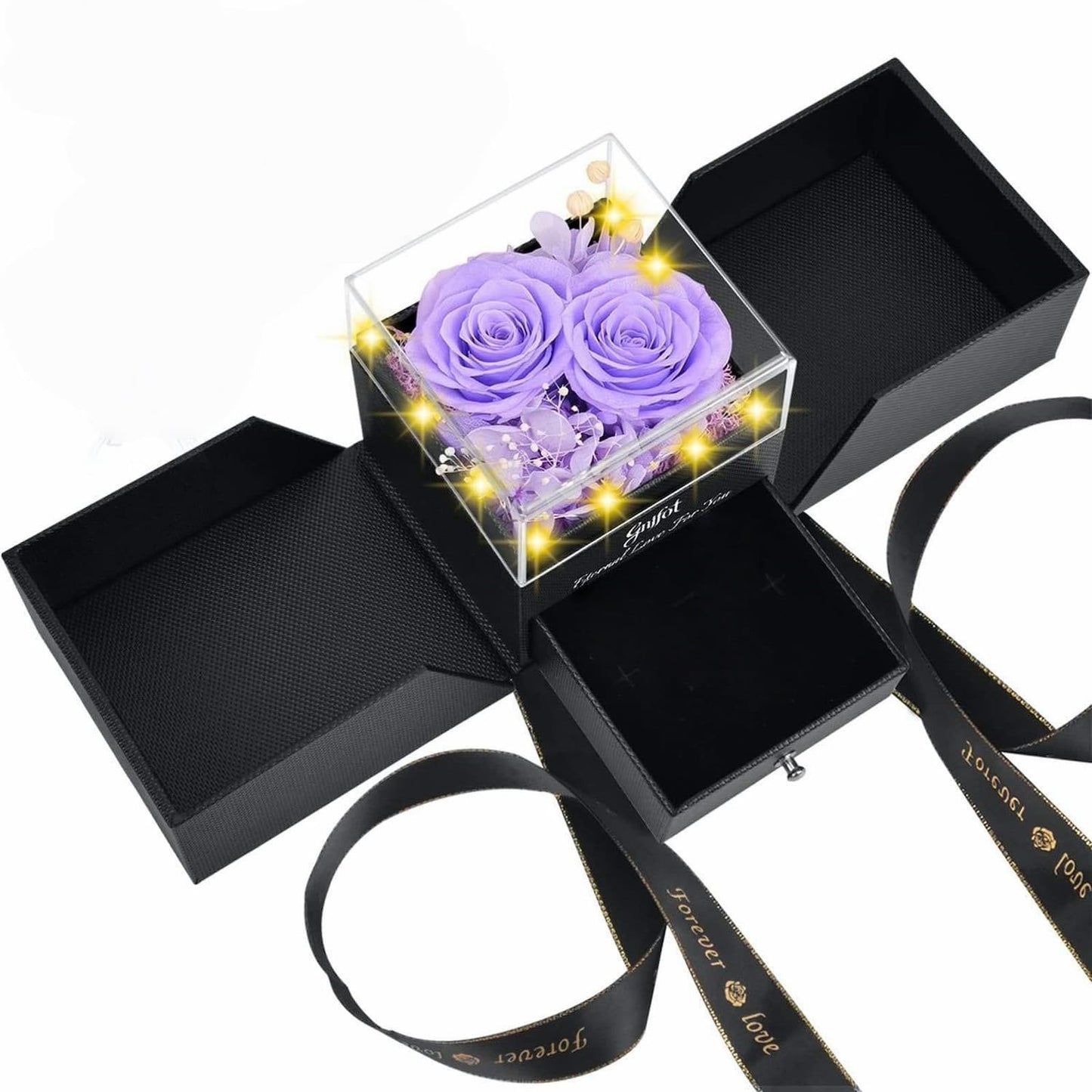 Elegant lavender purple eternal roses in a glowing LED jewelry display box.