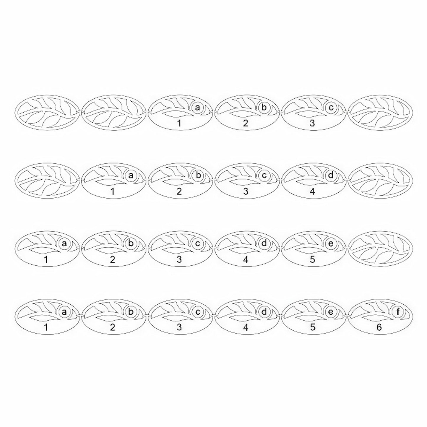 Diagram: Personalized Leaf Bracelet Engraving Layout Options for 3 to 6 Names.