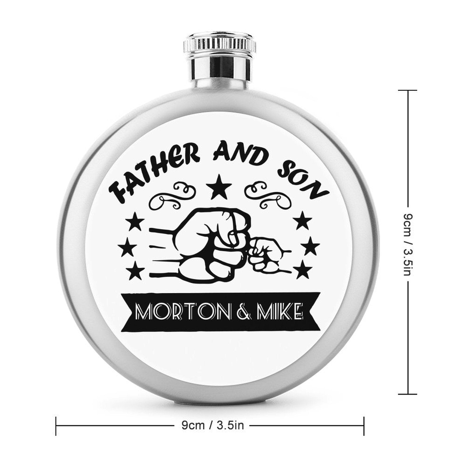 Portable leak proof stainless steel flask, 9cm/3.5in custom Father Son gift.