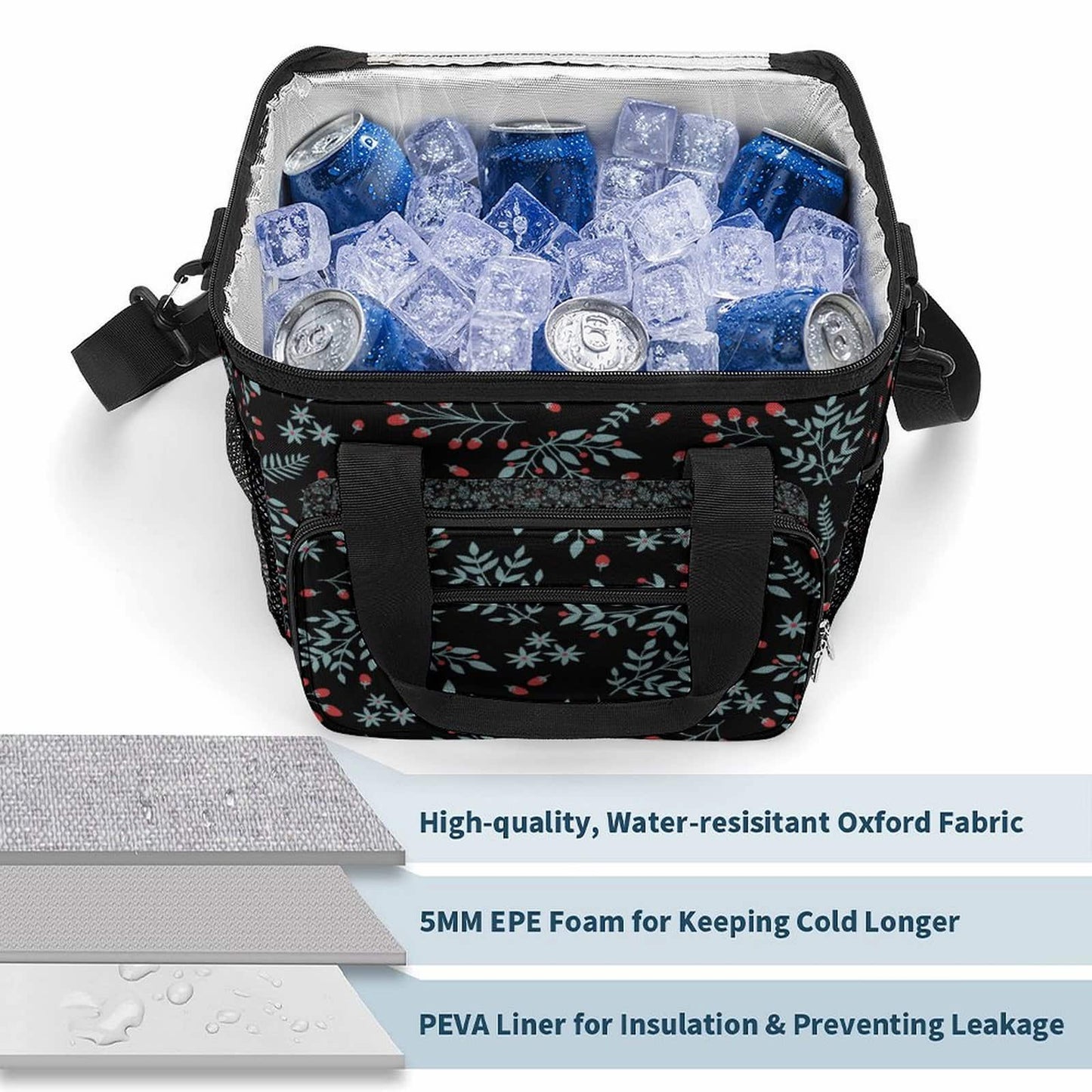 Leakproof Insulated Lunch Bag interior with ice, showing EPE foam, Oxford fabric, and PEVA liner.
