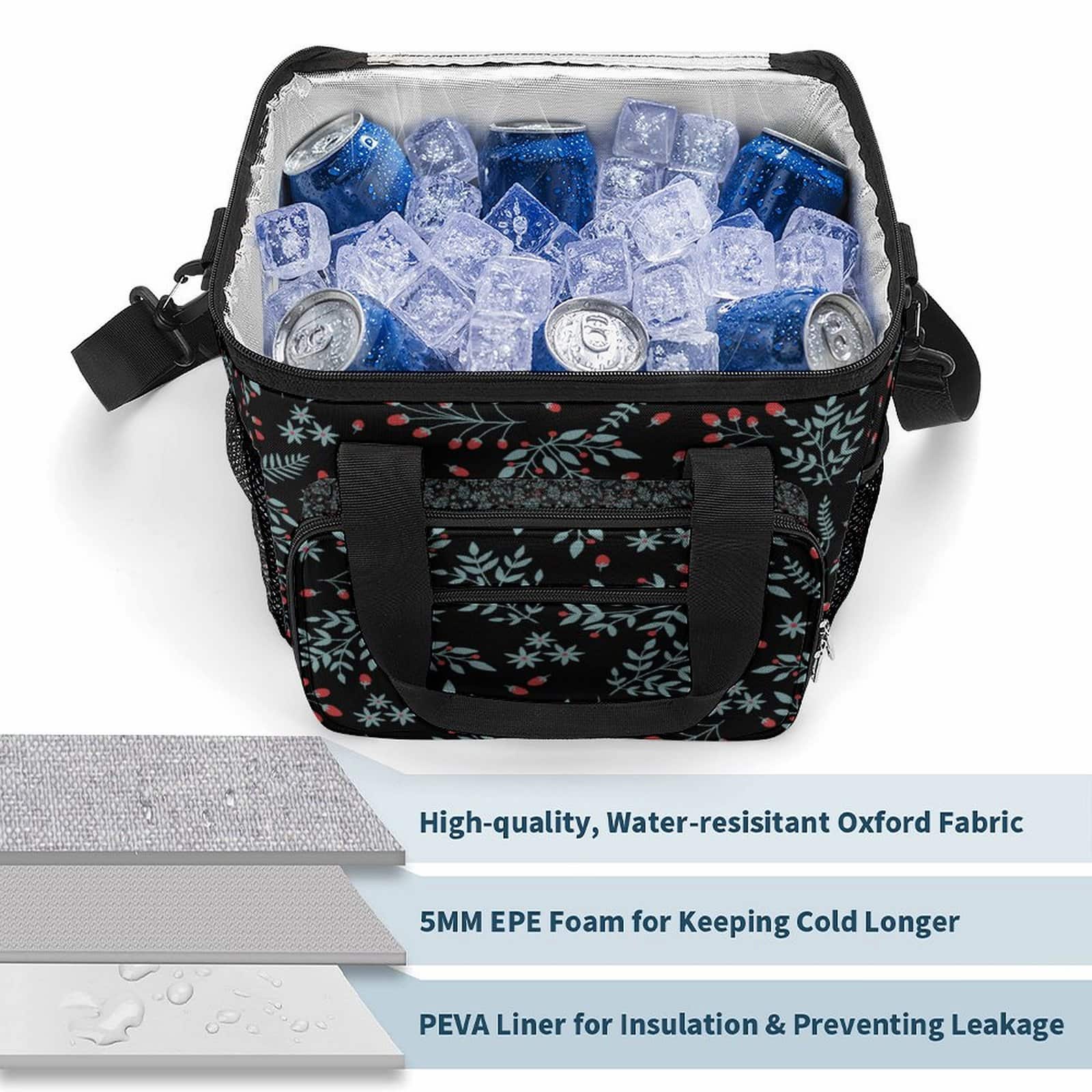 Leakproof Insulated Lunch Bag interior with ice, showing EPE foam, Oxford fabric, and PEVA liner.