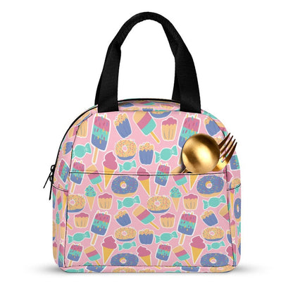 Leakproof Custom Print Lunch Bag showing front pocket for fork and spoon.