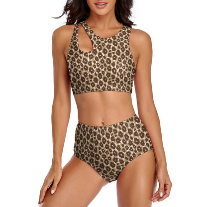 Front view of Leopard Athletic Crop Top Two Piece Swimsuit with High Waisted Bottom.