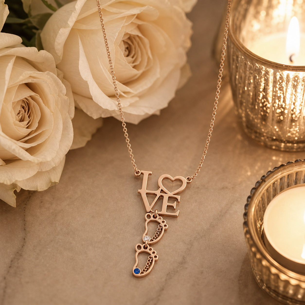 Love baby feet necklace in a gift scene