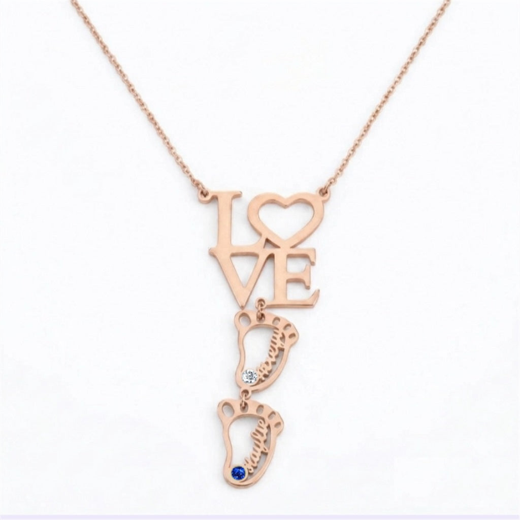 Love baby feet birthstone necklace front view