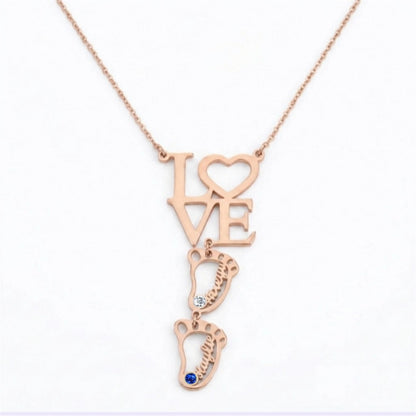 Love baby feet birthstone necklace front view