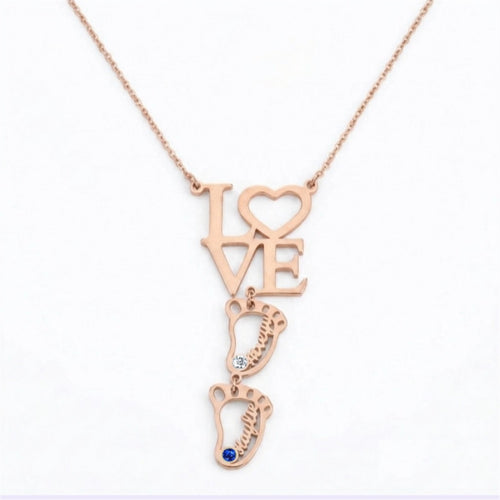 Love baby feet birthstone necklace front view